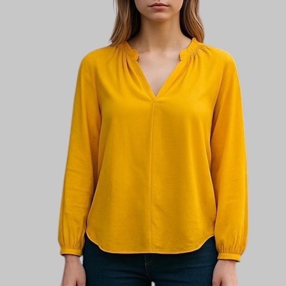 Chelsea & Violet Gold Blouse V-Neck Long Sleeve Ruffle Neckline XS
